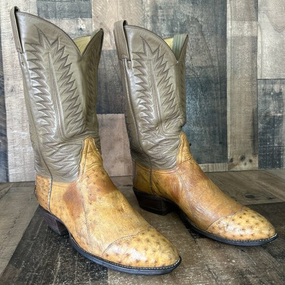Tony Lama Vintage Pieced Ostrich Gold Label Western Cowboy Boots Mens 10 D - Picture 3 of 12